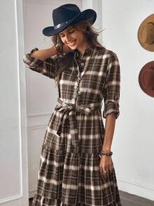 LanaWest 女士秋季多色格子西部波西米亚风衬衫领纽扣设计长袖腰带拼接喇叭休闲度假长裙 - 咖啡 - 查看 5