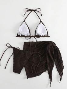 Swim Vcay Women's Solid Color Halter Tie Sexy Bikini Swimsuit Set With Cover-Up And Skirt, Summer Beach - Coffee Brown - View 2