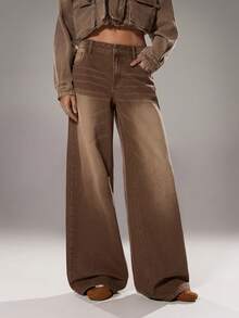 TRNVIE 女士低腰口袋宽松休闲喇叭裤 - 棕色 - 查看 1