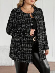 SHEIN CURVE+ Plus Size Plaid Casual Jacket For Commuting, Autumn/Winter Fall - Black - View 3