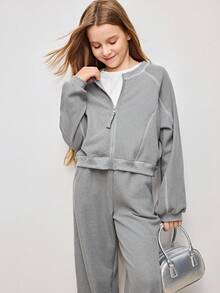 Tween Girls' Casual Contrast Stitching Sweatshirt Jacket And Pants Set - Grey - View 1