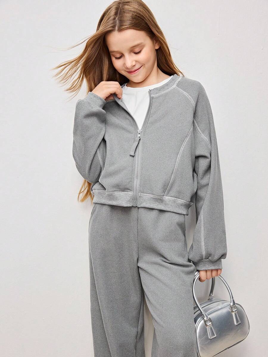 Tween Girls' Casual Contrast Stitching Sweatshirt Jacket And Pants Set - Grey - View 1