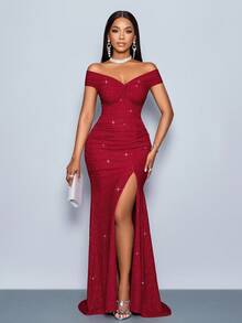 SOLERSUN Suitable For Christmas Party Vacation & Dating Elegant Burgundy Elegant Twisted Off Shoulder Backless Strap High Slit Mermaid Dress With Metallic Sheen For New Year Clothes Maxi Women Outfit - Red - View 5