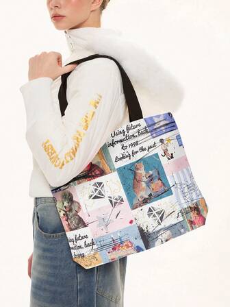 Grunge Punk 1 pezzo Borsa a spalla capiente con motivo a cartoni animati, elementi di orso carini e stampa di testo letterario, adatta per uso quotidiano, viaggi, shopping, pendolarismo, borsa personalizzata