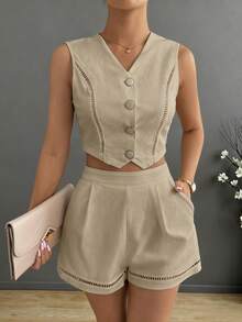 Chiquease 2pcs Women's Summer V-Neck Button Sleeveless Top And Loose Comfy Shorts Set - Khaki - View 1