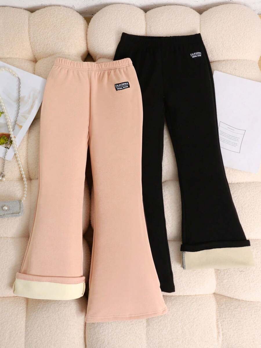 SHEIN 2pcs Tween Girls Thermal Lined California Slogan Embroidered Patch Skinny Flare Pants Set, Casual Everyday Wear, Black & Pink, Autumn/Winter - Pink - View 1