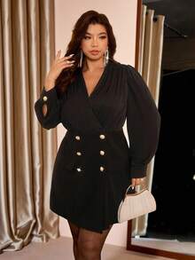 Firerie Damska sukienka-marynarka w jednolitym kolorze, metalowa, dwurzędowa, plisowana, z długim rękawem, elegancka, w dużym rozmiarze