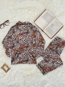2pcs Girls Leopard Print Lapel Long Sleeve Cardigan+Pants Pajama Set,White Autumn Casual Sleep Loungewear,Winter Animal Print Brown Pj Set - Brown - View 2