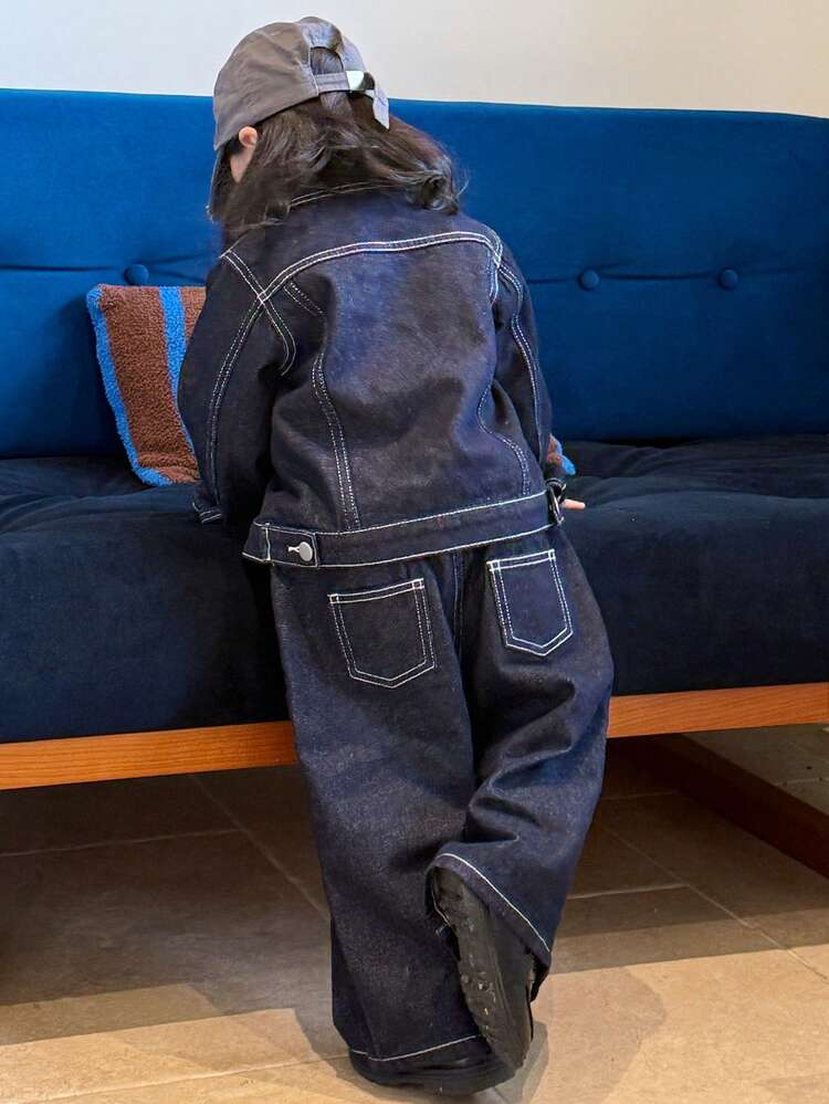2pcs Baby Girls' Vintage Korean Style Washed Denim Top And Pants Jeans Set Toddler Girls Clothes