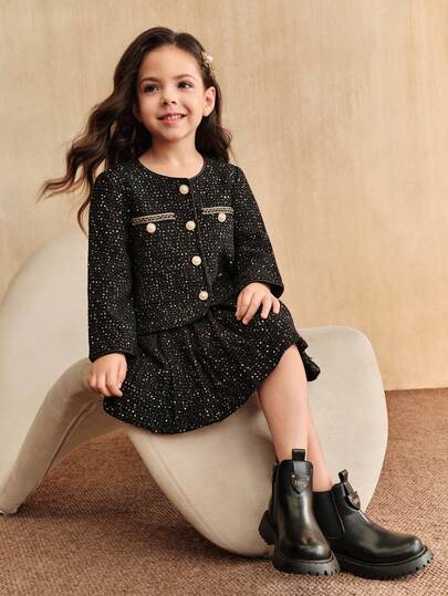 SHEIN Young Girl Elegant Black Tweed Beaded Jacket Paired With Skirt Set, Autumn/Winter,Mommy And Me Matching Outfits (2 Pieces Sold Separately)