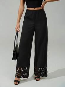 SHEIN Tall 高个女式黑色纯色蕾丝边优雅长裤，适合夏秋穿着 - 黑色 - 查看 3