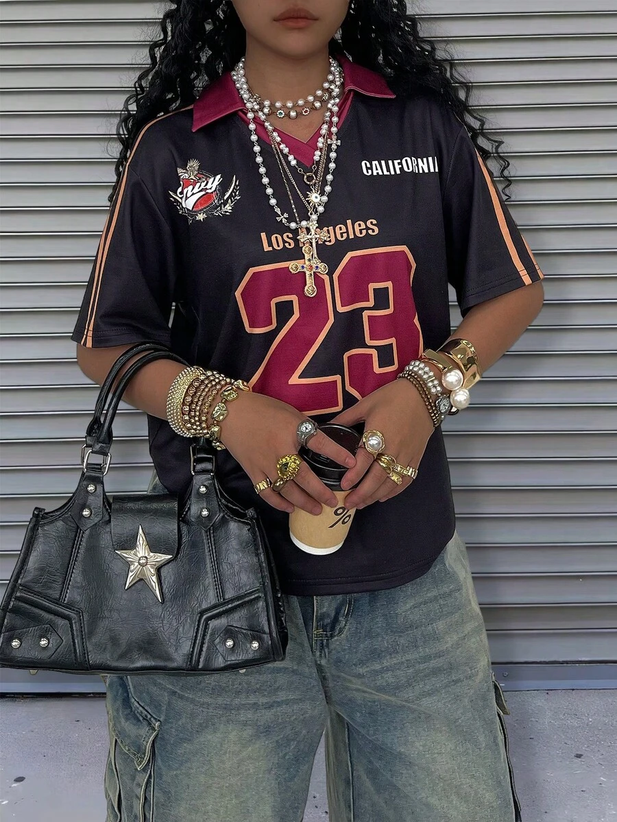 Rovax Loose Dropped Shoulder V-Neck Double Layer Short Sleeve Top - Multicolor - View 1