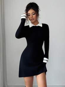 Rafferiza 法式复古优雅休闲简约通勤商务休闲女装秋冬女装黑白撞色白色小翻领衬衫领小喇叭袖撞色条纹A字喇叭裙收腰短款长袖度假风女装毛衣连衣裙 - 黑與白 - 查看 4