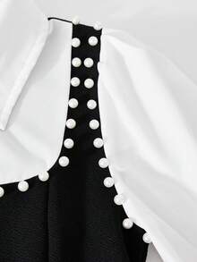 SHEIN 优雅休闲学院风珍珠领连衣裙，适合青少年女孩，可用于通勤、上学、郊游和聚会，可搭配外套、夹克和风衣。 - 黑色 - 查看 4