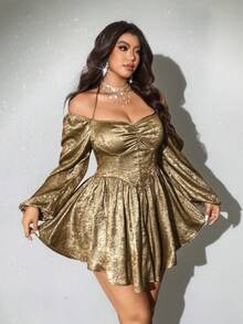 Viva Relle 大码金属提花纹理优雅闪亮派对长袖露肩连衣裙 - 金色 - 查看 2