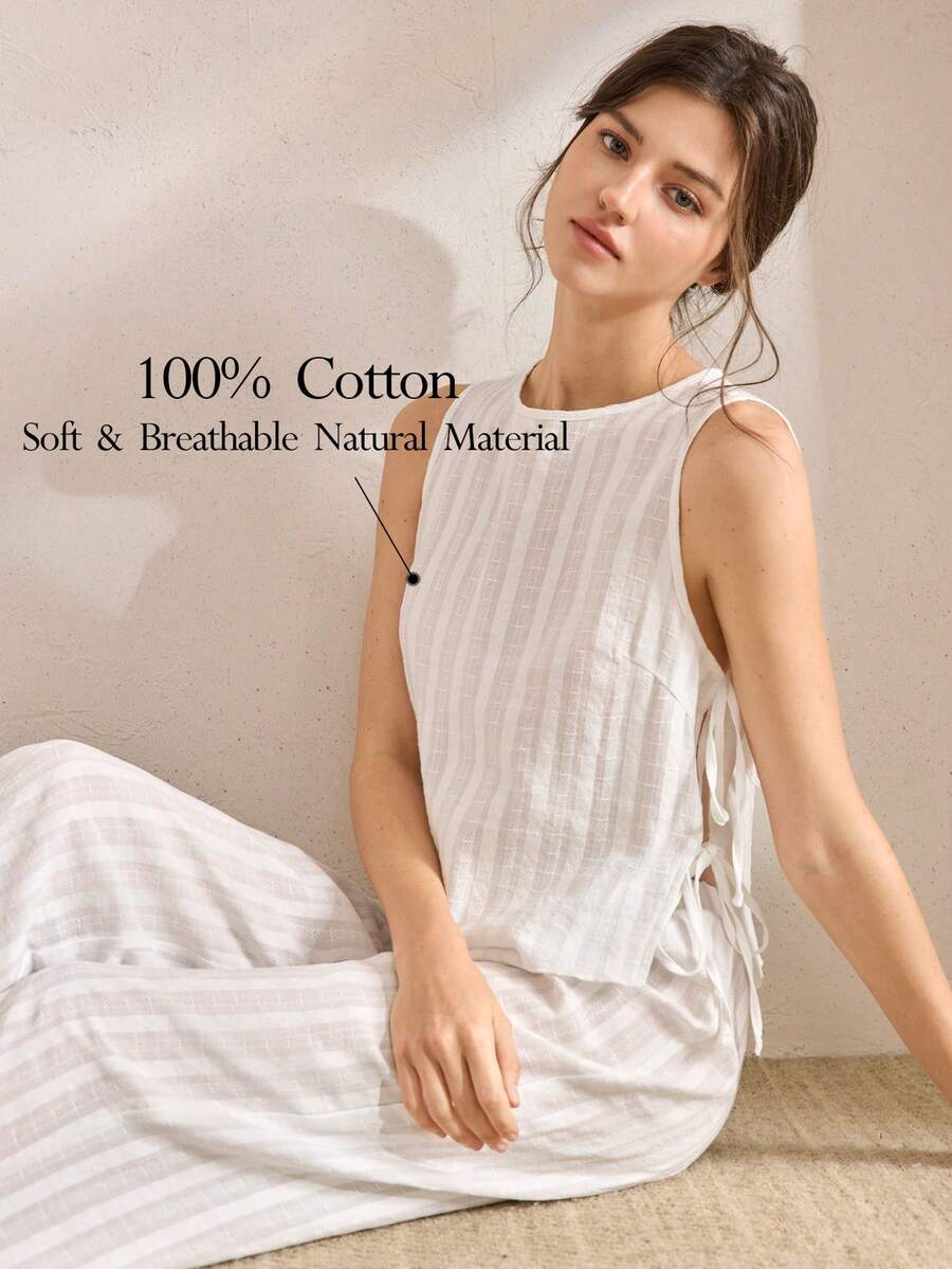 Ocili 休闲 100% 纯棉刺绣舒适吊带背心和裤子女士睡衣套装，别致的秋季睡眠 - 白色 - 查看 1