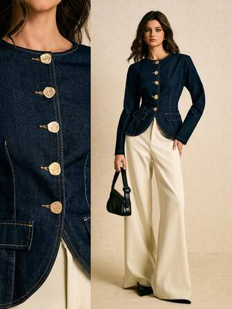 Poéselle Dammode, casual, långärmad jeansblus med knappar, jeansjackor för kvinnor, jacka för kvinnor, damjackor, beskuren jeansjacka, mysiga höst- och vinterstilar, julkläder för kvinnor, långärmad skjorta, vinterjacka för kvinnor