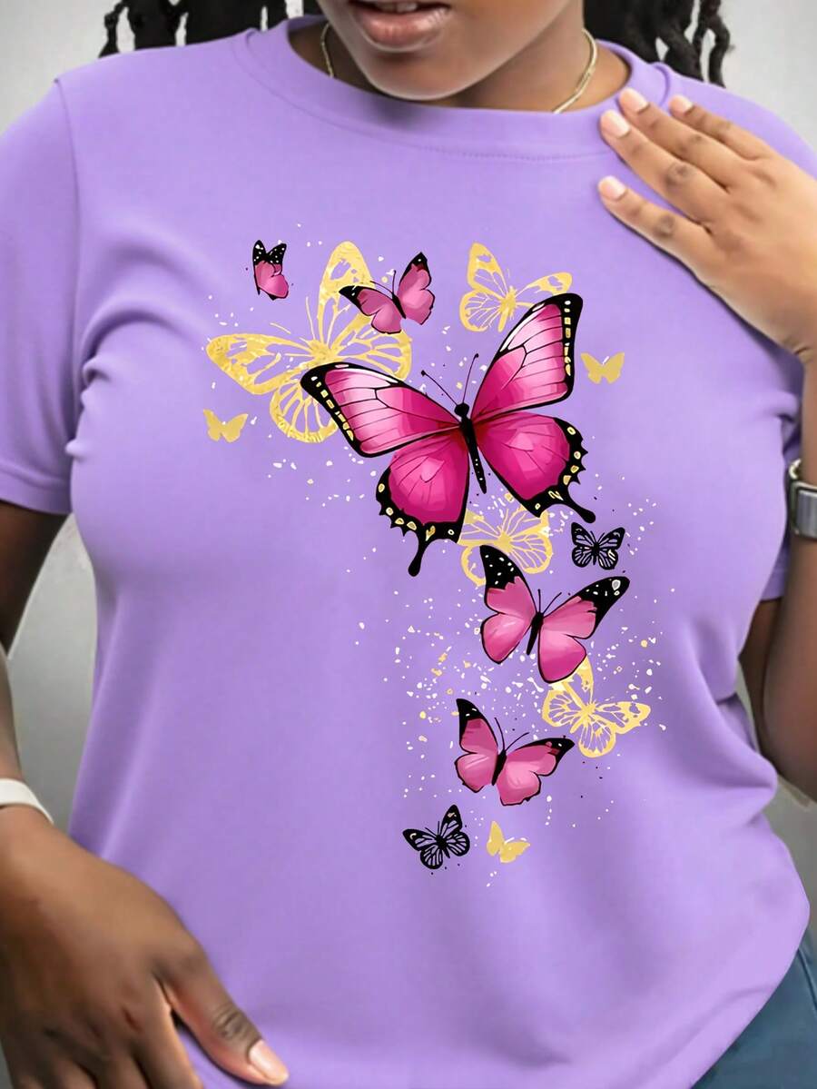 EMERY ROSE Plus Size Women Butterfly Print Short Sleeve Casual Round Neck T-Shirt - Mauve Purple - View 1