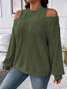 Vionelle Plusstorlek Dam Enfärgad Off-Shoulder Långärmad Ribbad Avslappnad Lös Tröja - Armé Grön - Visa 5