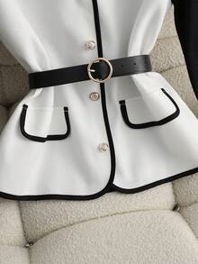 Franclia Casual Everyday Women's Winter Jacket With Belt, New Women's Vest Jacket, Black And White Color Blocking Jacket, Women's Jacket With Metal Decorative Buckle, Elegant Women's Jacket.