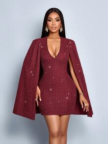 SOLERSUN Herbst Damen Party Kleid aus schimmerndem Tweed Stoff mit schlankem Cape, rotes Kleid geeignet für Zusammenkünfte und Partys, Damenkleid - Bordeaux - Übersicht 4