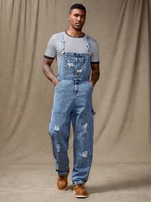 RivetRise 男士休闲做旧胸带牛仔背带裤 - 淺色水洗藍 - 查看 3