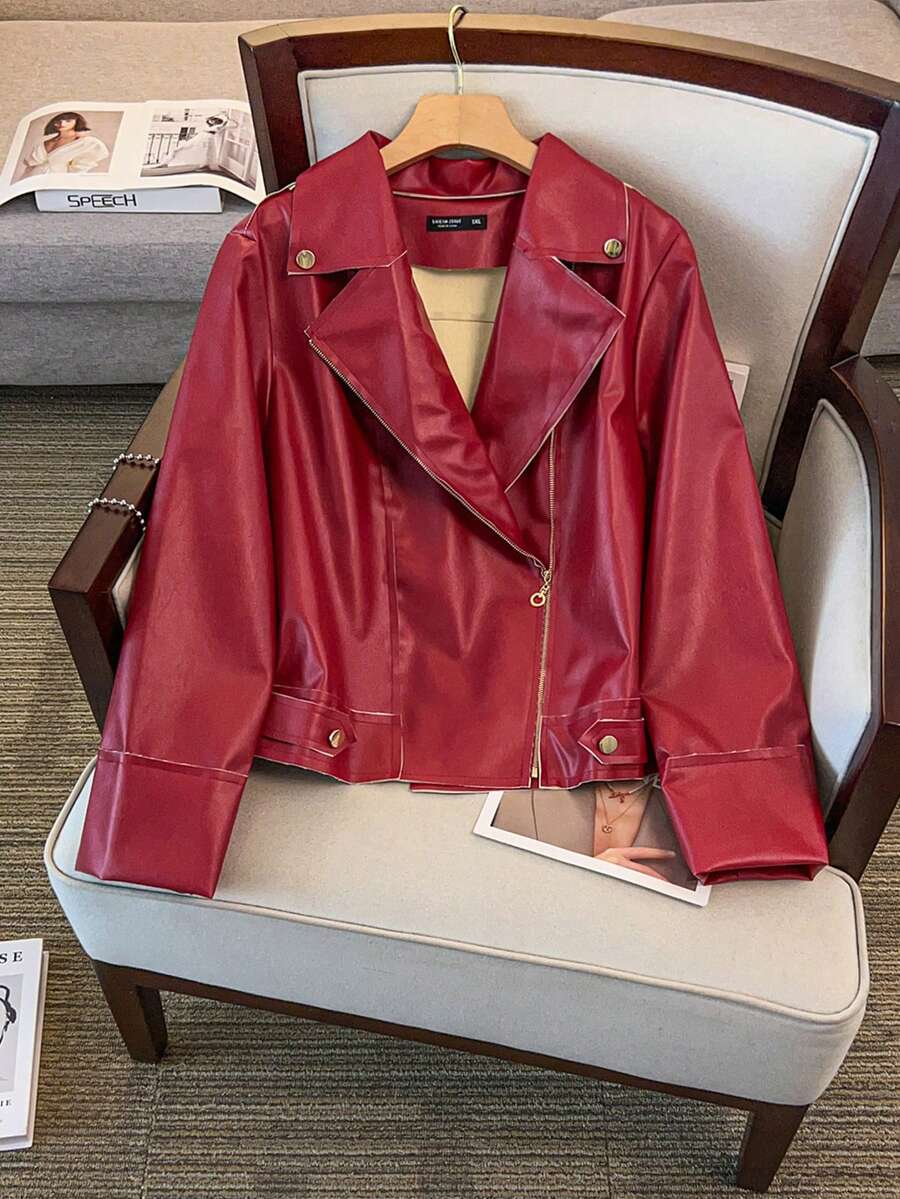 GlowEve CURVE Áo khoác ngắn tay dài cỡ lớn dành cho nữ, Áo khoác mô tô ngắn thời trang đa năng, thường ngày, thích hợp mặc hàng ngày, giúp thon gọn - Màu Đỏ Sâu - Xem 1