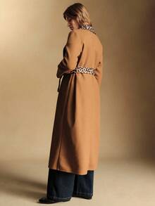 Écloséra Abrigo largo con estampado de leopardo, cuello de solapa, parches y manga larga, de estilo casual y elegante, para mujer, para otoño/invierno - Marrón - Ver 4