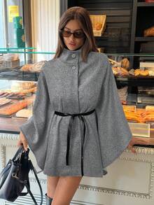 Aloruh Elegant damkappa med hög krage och fladdermusärm, åtsittande midja och ullblandning, höst/vinter - Grå - Visa 1