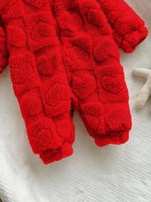 Newborn Baby Girl Cute 3D Ear Fluffy Pink Heart Pattern Zip-Up Hooded Jumpsuit, Autumn/Winter - Red - View 4