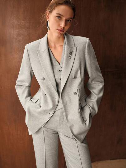 MOTF PREMIUM BLAZER CRUZADO DE MUJER DE MEZCLA DE LANA CON ESPIGUILLA Y LENTEJUELAS BRILLANTES PARA OTOÑO/INVIERNO