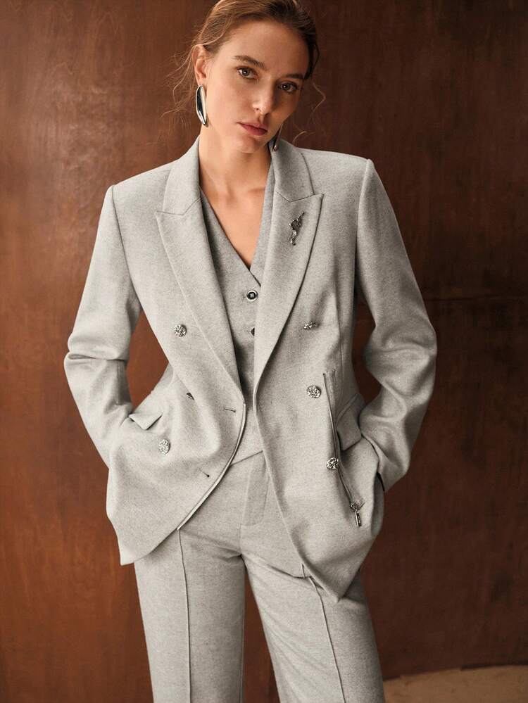 WOMEN'S AUTUMN/WINTER WOOL BLEND HERRINGBONE TWEED SHINY SEQUIN DOUBLE-BREASTED BLAZER