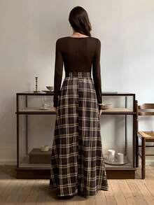 Elyressa Women's Fashion French Square Collar Elegant Urban Commute Long Sleeve Knit Patchwork Plaid Back-To-School Christmas Halloween Holiday Casual Daily Elegant Dress, Autumn/Winter, All Season