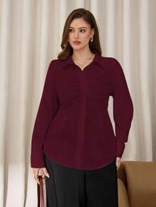 Auralis White Ruched Front Button Long Sleeve Shirt, Office Lady Elegant Blouse, Plus Size, Suitable For Work, Concerts, Dates, Basic Versatile Shirt Burgundy - Burgundy - View 3