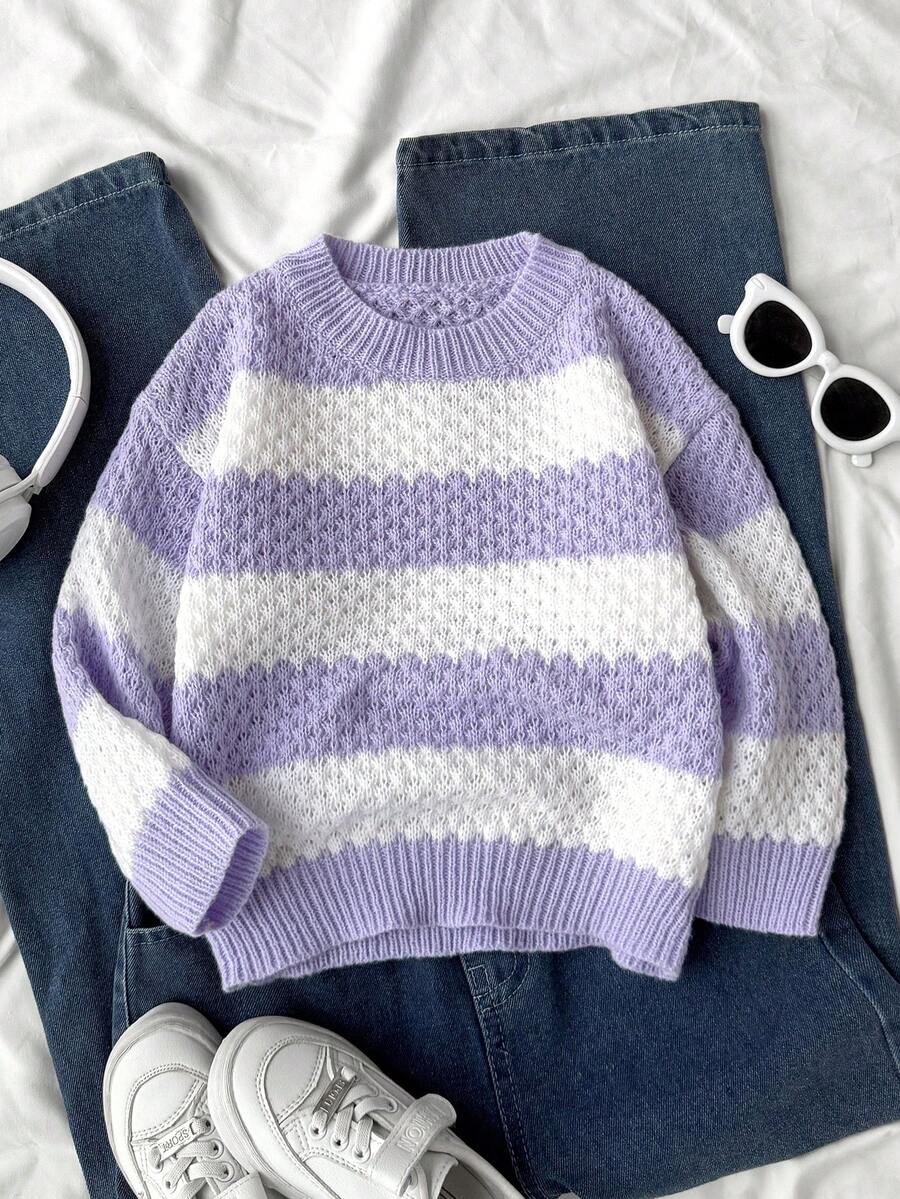 Striped Casual Loose Long Sleeve Crew Neck Young Girls Sweater Girl Jumper Purple Lavender Sweater Girl Knit Set Purple Sweater For Girls - Purple - View 1