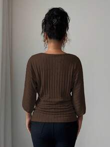 Selianne Women's Comfortable Casual V-Neck Ruffle Batwing Sleeve Solid Color Brushed Rib T-Shirt - Brown - View 2