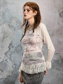 ROMWE EDITION Fairy Punk Rebellious Sheer Mesh Lace Rivet Splice Fitted Long Sleeve T-Shirt - Apricot - View 6