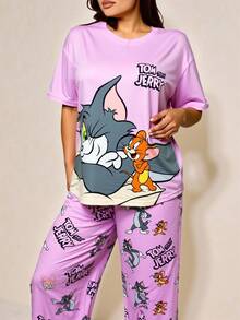 TOM & JERRY X SHEIN 大码女式可爱卡通字母图案落肩宽松短袖上衣和裤子睡衣套装 - 粉色 - 查看 2
