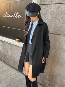 SHEIN 优雅通勤休闲风格卡其色翻领中长款风衣，适合少女