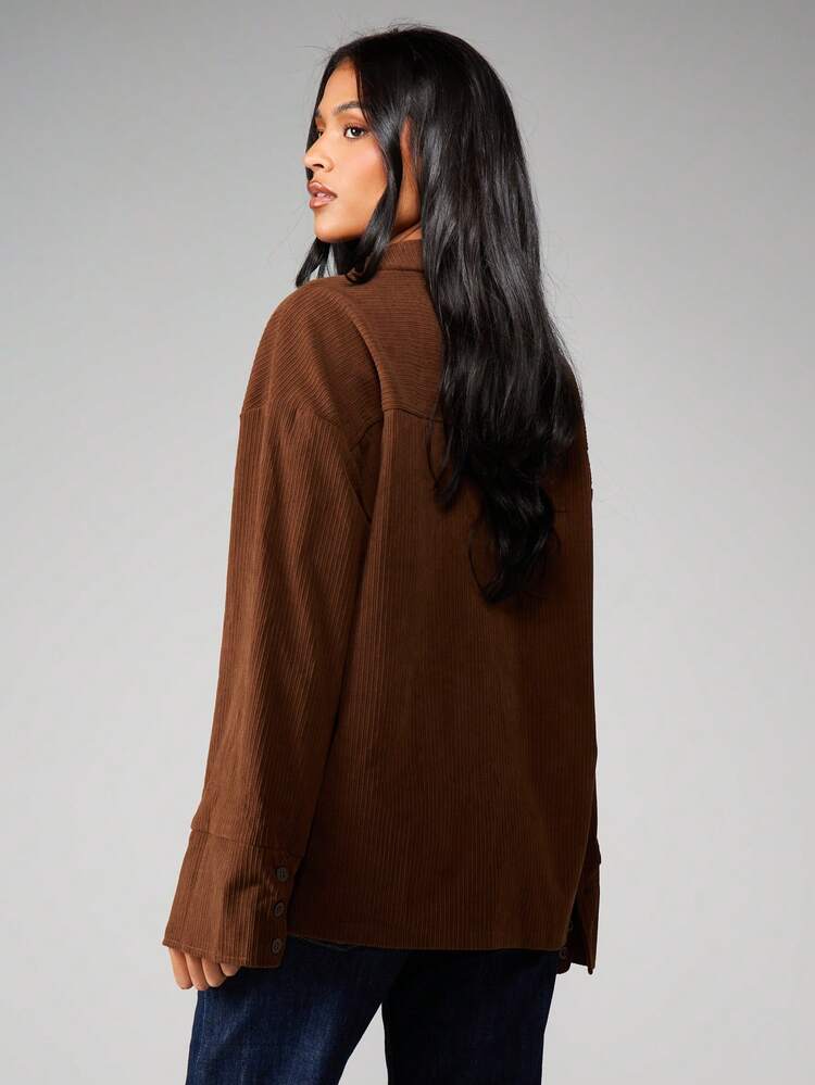 MISSGUIDED Oversized Corduroy Button Front Shirt Long Sleeve Collared Blouse Fall Winter Casual