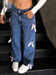 SHEIN Jeans di jeans ampi e casual con fiocco decorativo per ragazze adolescenti, autunno - Blu lavato medio - Visualizzare 4