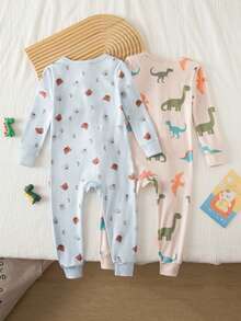 Baby Boys Snug Fit Pajamas-Dino Bear Print Round Neck Long Sleeve Full Length Zipper Pajamas Pastel Blue Beige Holiday 2026 New Year Party Essential Breathable Stretchy Soft All Season - Multicolor - View 2