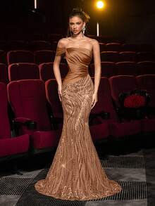 Glamrae 优雅奢华的串珠亮片拼接弹力缎袖美人鱼连衣裙，适合婚礼、派对、度假、晚宴、正式场合（装饰繁复） - 棕色 - 查看 5