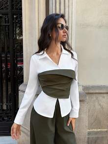 Firerie Elegantes, minimalistisches Büro-Outfit-Set für den täglichen Arbeitsweg, olivgrün und weiß, Langarm-Kontrast-Farbhemd mit asymmetrischer Taille und weite Schlupfhose, Anzug für Damen im Herbst/Winter, grünes Hemd-Set, Arbeitskleidung, Lehrerin-Outfit - Olivgrün - Übersicht 6