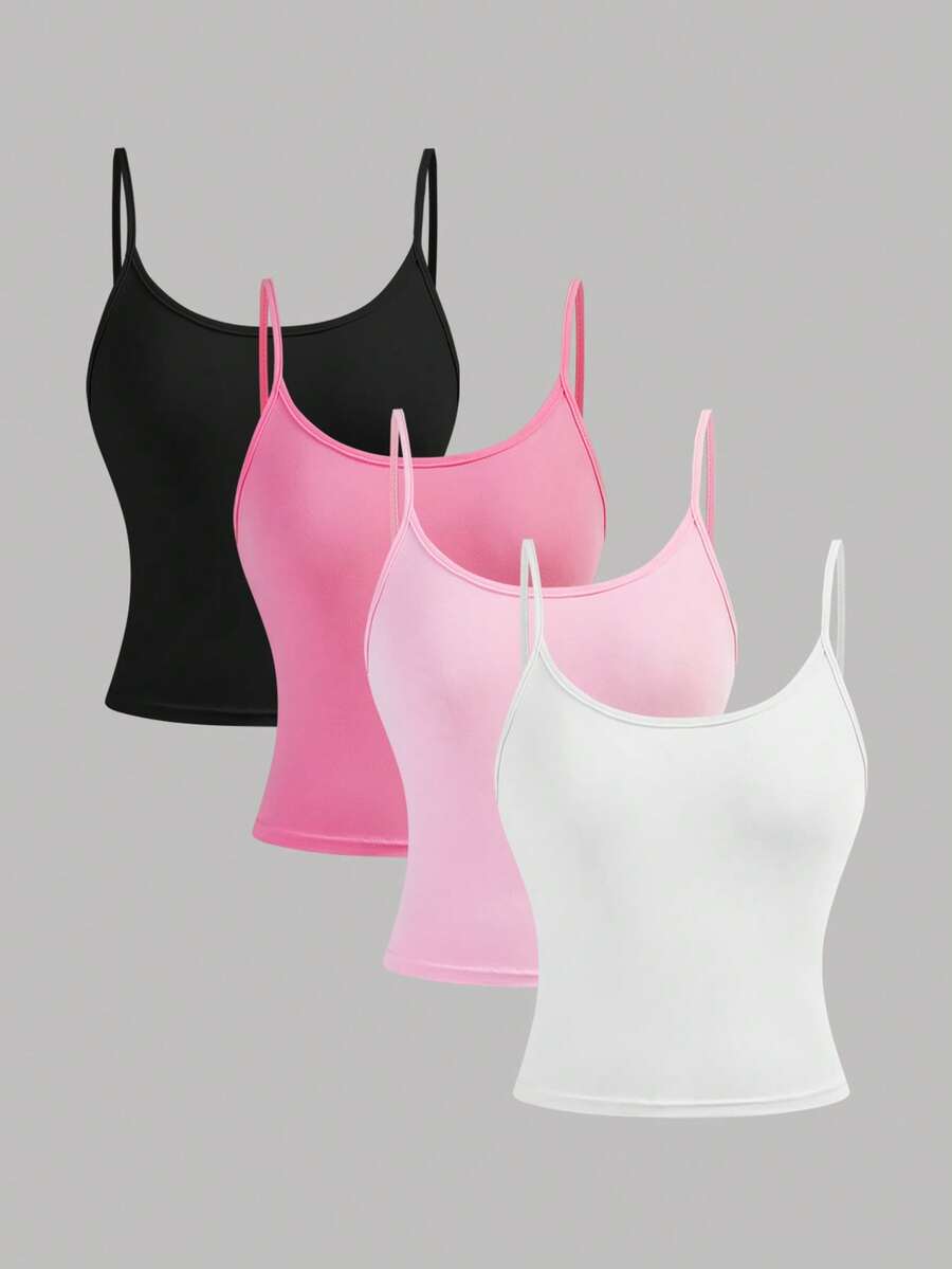 Girlism Bộ 4 áo hai dây ngắn thường ngày cho bé gái tuổi teen, phù hợp cho mùa xuân, hè, thu và đông - Hồng - Xem 1