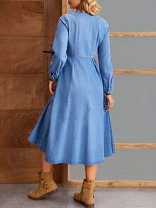 EMERY ROSE Women's V-Neck Ruffle Sleeve Single-Breasted Pocket Casual Denim Dress