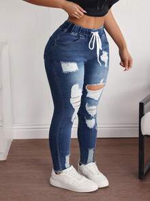 SHEIN ICON Plus Size Women Drawstring Waist Pocket Distressed Skinny Casual Jeans - Blue - View 2
