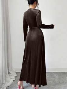 Modelyn French Design Waist Cinching Slimming Women Dress - Brown - View 2