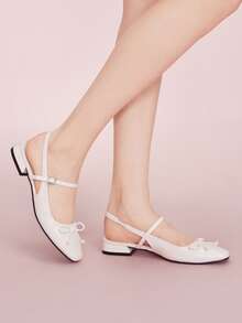 CUCCOO DOLLMOD Women's Fashion White Bow Decor Mary Jane Flats, Square Toe Commuting, Dating, Party, Street, Campus, Cute & Sweet For Christmas Spring Shoes - White - View 6