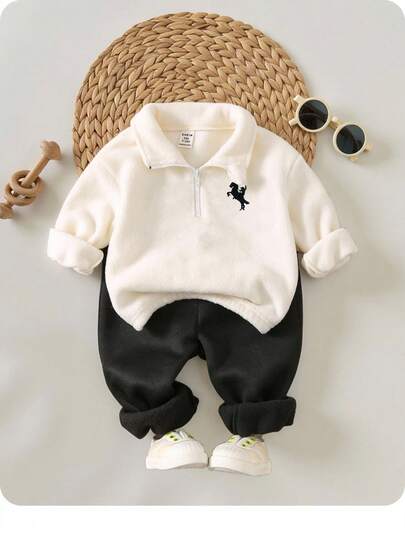 SHEIN Baby Boy/Girl Cute Fashion Letter Embroidery Fuzzy Collar Jacket & Elastic Waist Pants Set, Autumn/Winter